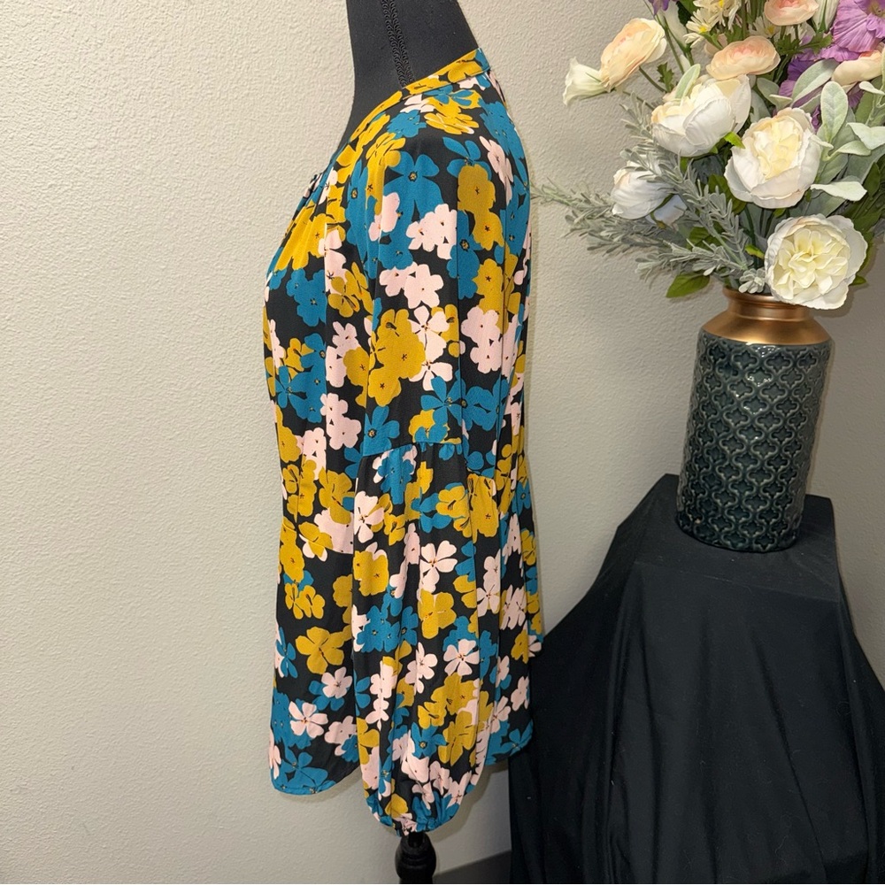 CAbi Floral Button Front Tunic Blouse Teal Yellow Pink Long Sleeve L - Picture 2 of 8